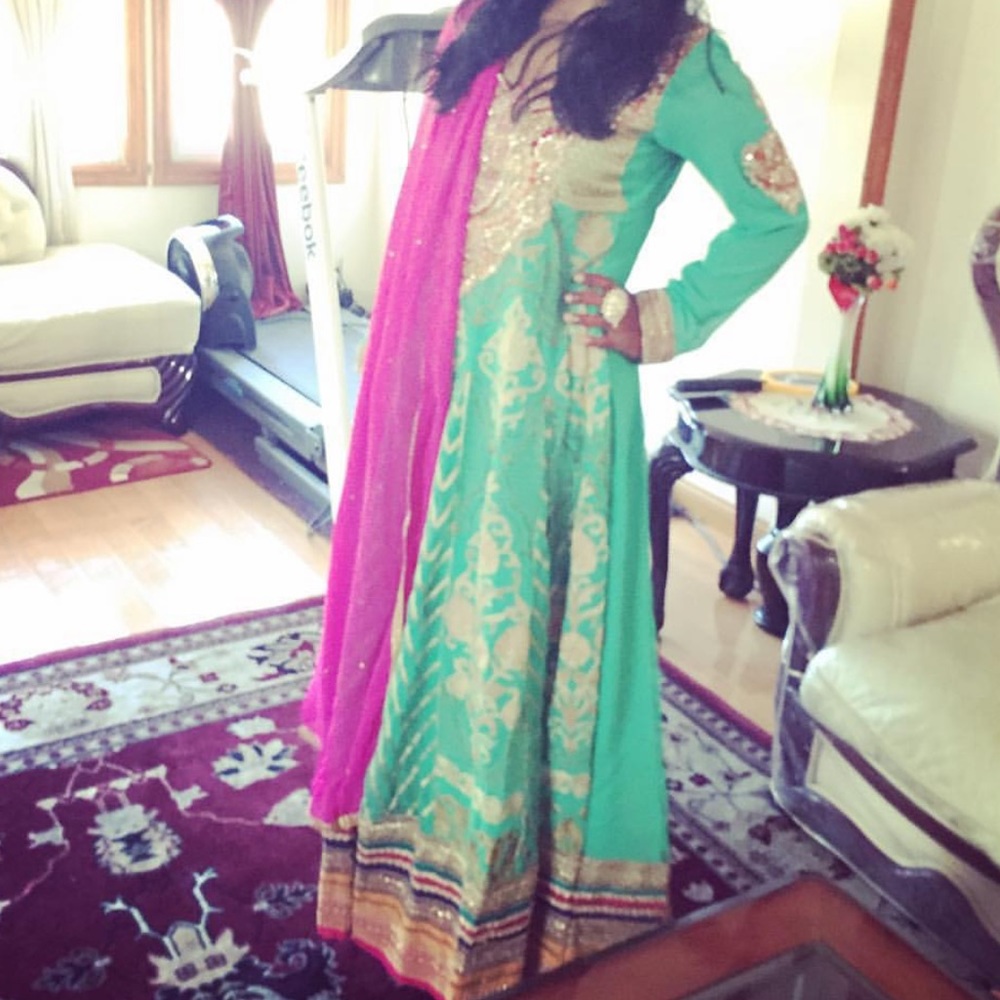 Pink and Green Georgette Anarkali Heavy